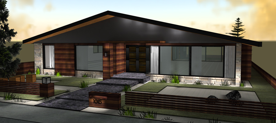 Architectural rendering of a modern single-story residence with a garage, showcasing Interior Design by a top Calgary designer.