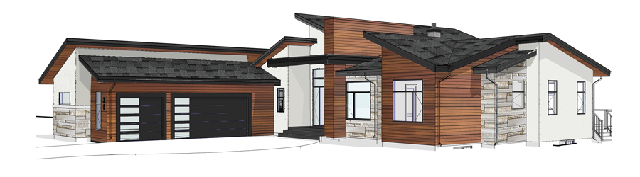 Architectural rendering of a modern single-story residence with a garage, showcasing Interior Design by a top Calgary designer.