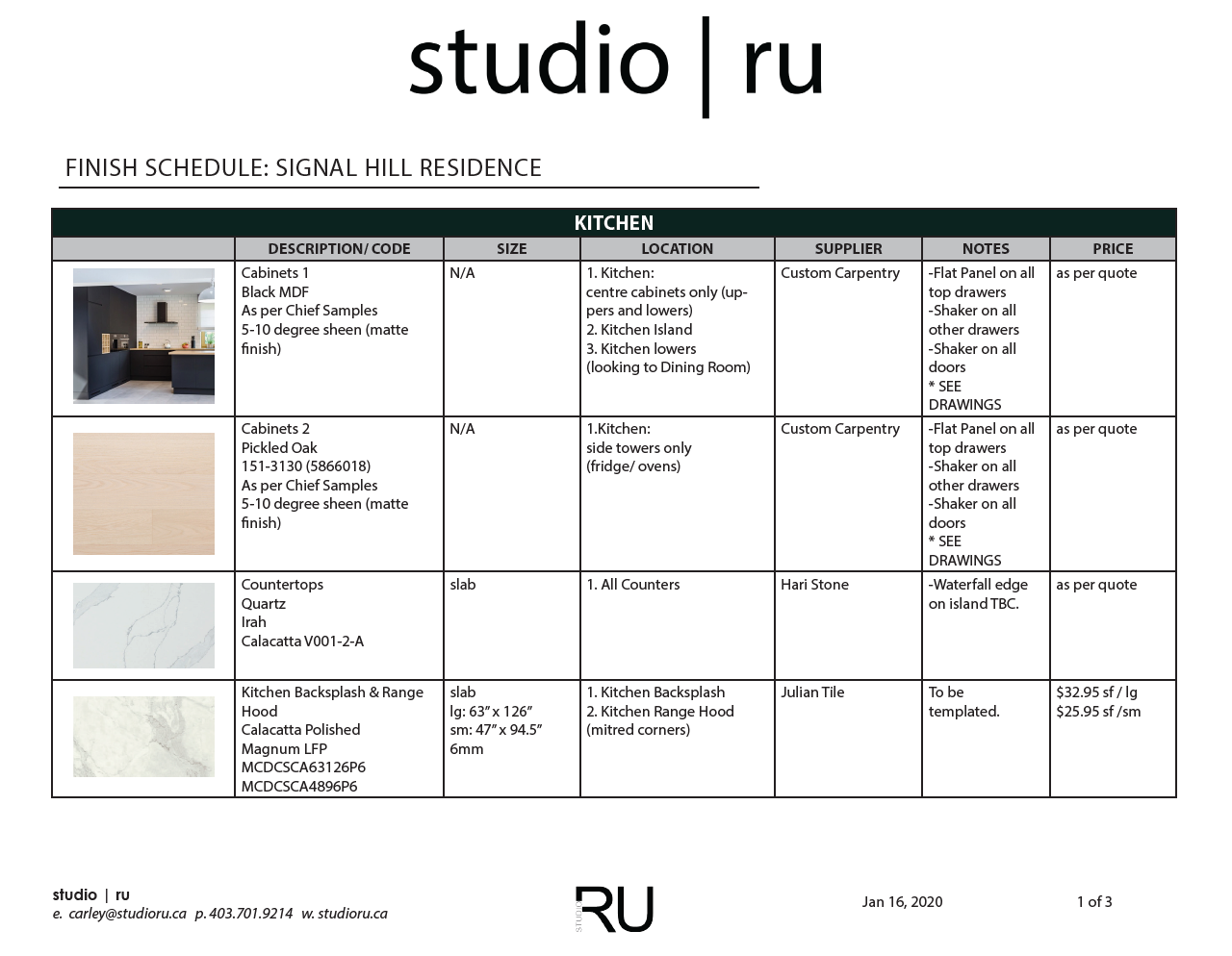 Schedule document listing finish materials for various kitchen and bathroom designs including samples, descriptions, sizes, and prices for Interior Design projects.