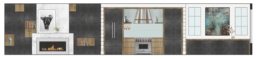 A digital collage of a modern living room design with fireplace, shelving, and abstract wall art by a top interior design Calgary designer.