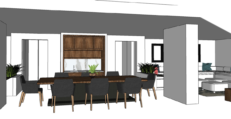 Sketch of a modern commercial dining space, featuring wooden cabinetry and sleek modern table by an interior designer from Calgary.