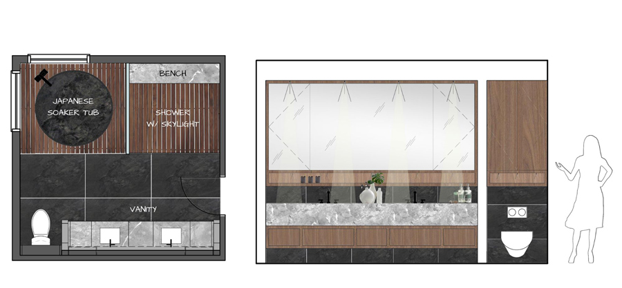 Architectural plans and elevation for a modern bathroom design, featuring a Japanese soaking tub, shower, vanity, created by a top Interior Design in Calgary 