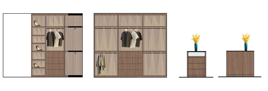 Three views of a modern wardrobe and matching drawer unit with decor, designed by an esteemed Calgary interior designer