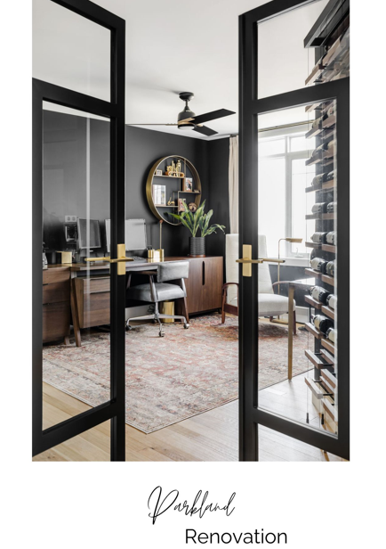 Modern home office with glass double doors, black walls, and wood furnishings.