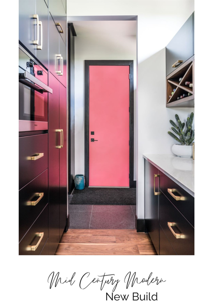 Modern kitchen with dark cabinetry, a pink door, a potted plant on the counter, and a wine rack.