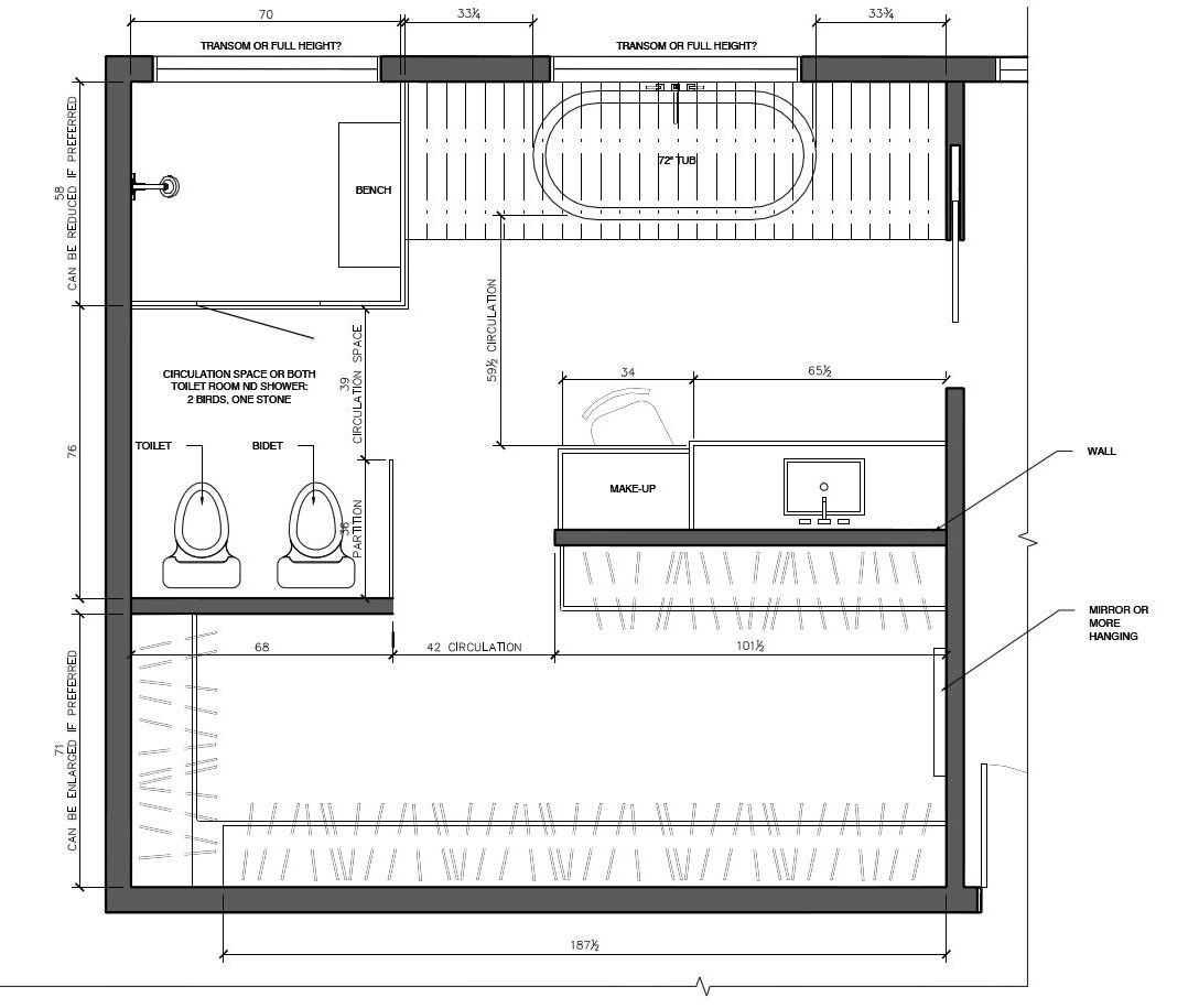 Architectural floor plan detailing the interior design layout of a bathroom in Calgary, including measurements and fixtures.
