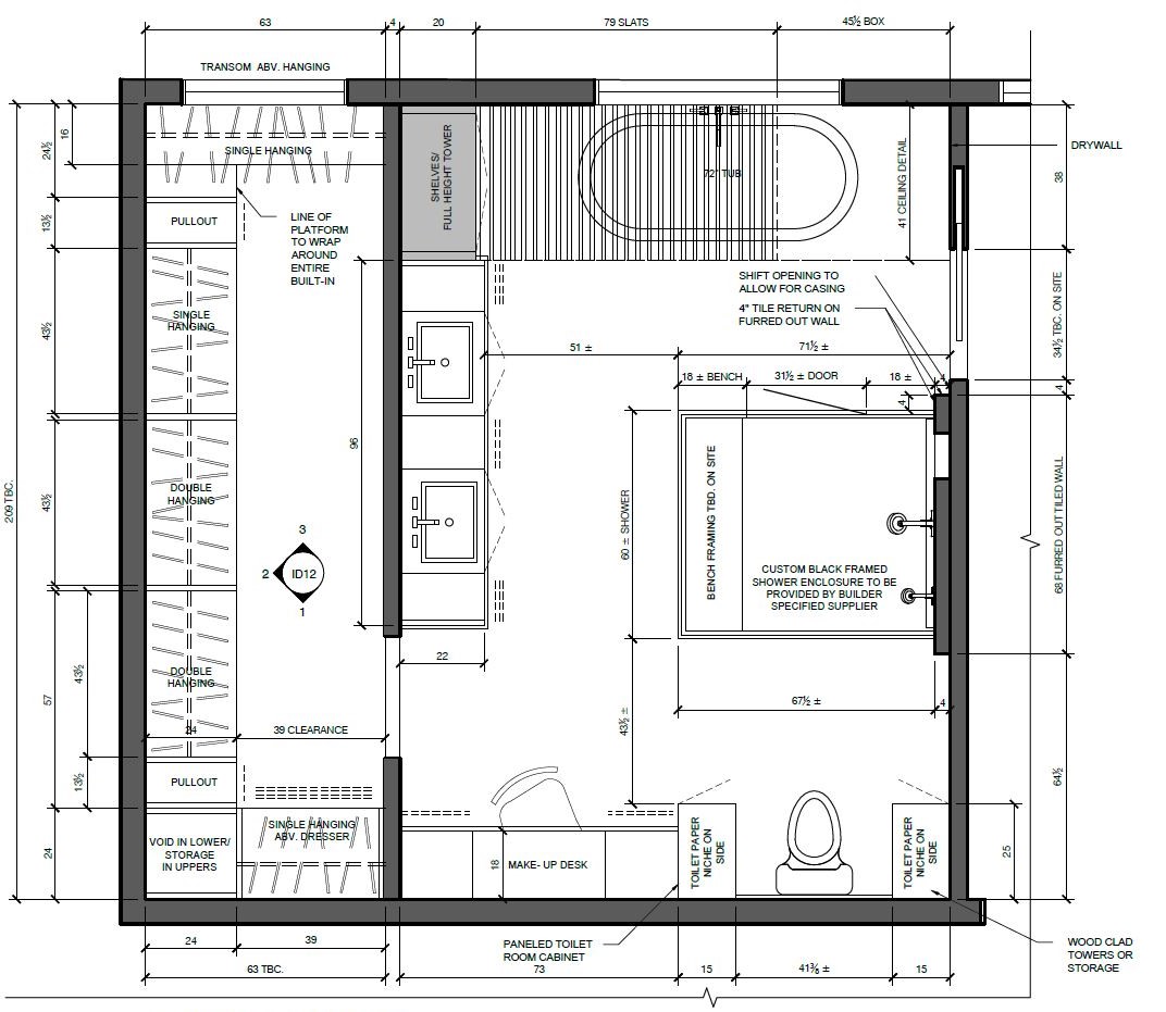 Architectural floor plan detailing the interior design layout of a bathroom in Calgary, including measurements and fixtures.