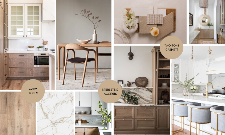 A design mood board of  kitchen and dining room interiors featuring warm tones, two-tone cabinets, interesting accents, and modern wooden furniture with minimalist design.