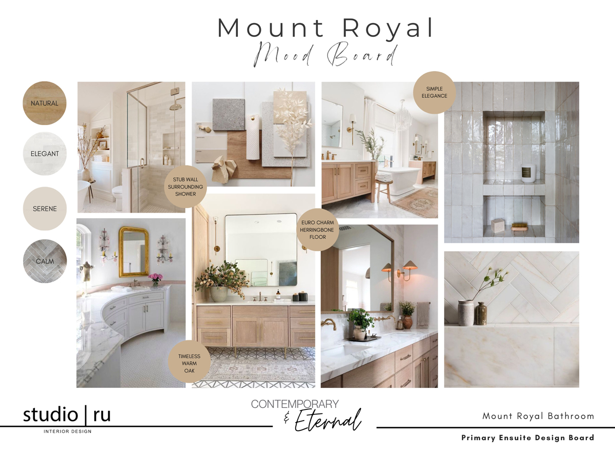 Mood board for a contemporary ensuite bathroom design, featuring natural and elegant elements, serene color tones, and various bathroom fixtures and layouts.