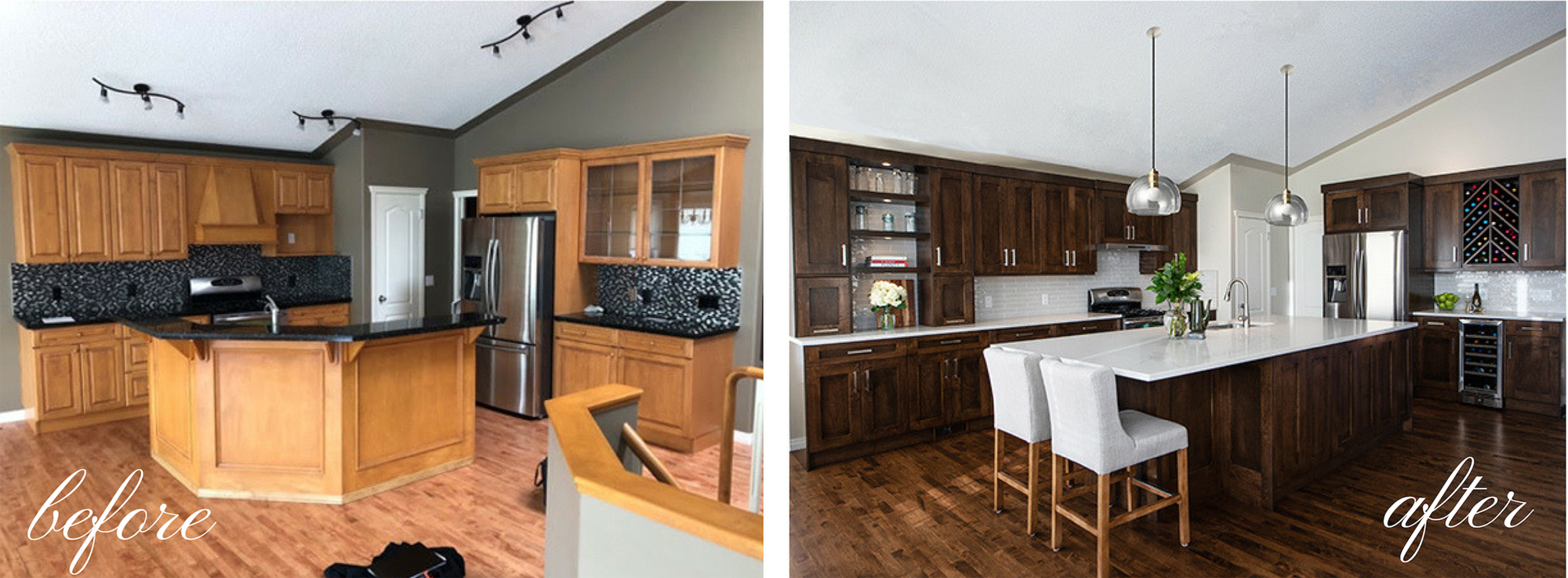 Side-by-side comparison of a kitchen before and after renovation. The "before" shows light wood cabinets and black counters, while the "after" features dark wood cabinets and white counters.