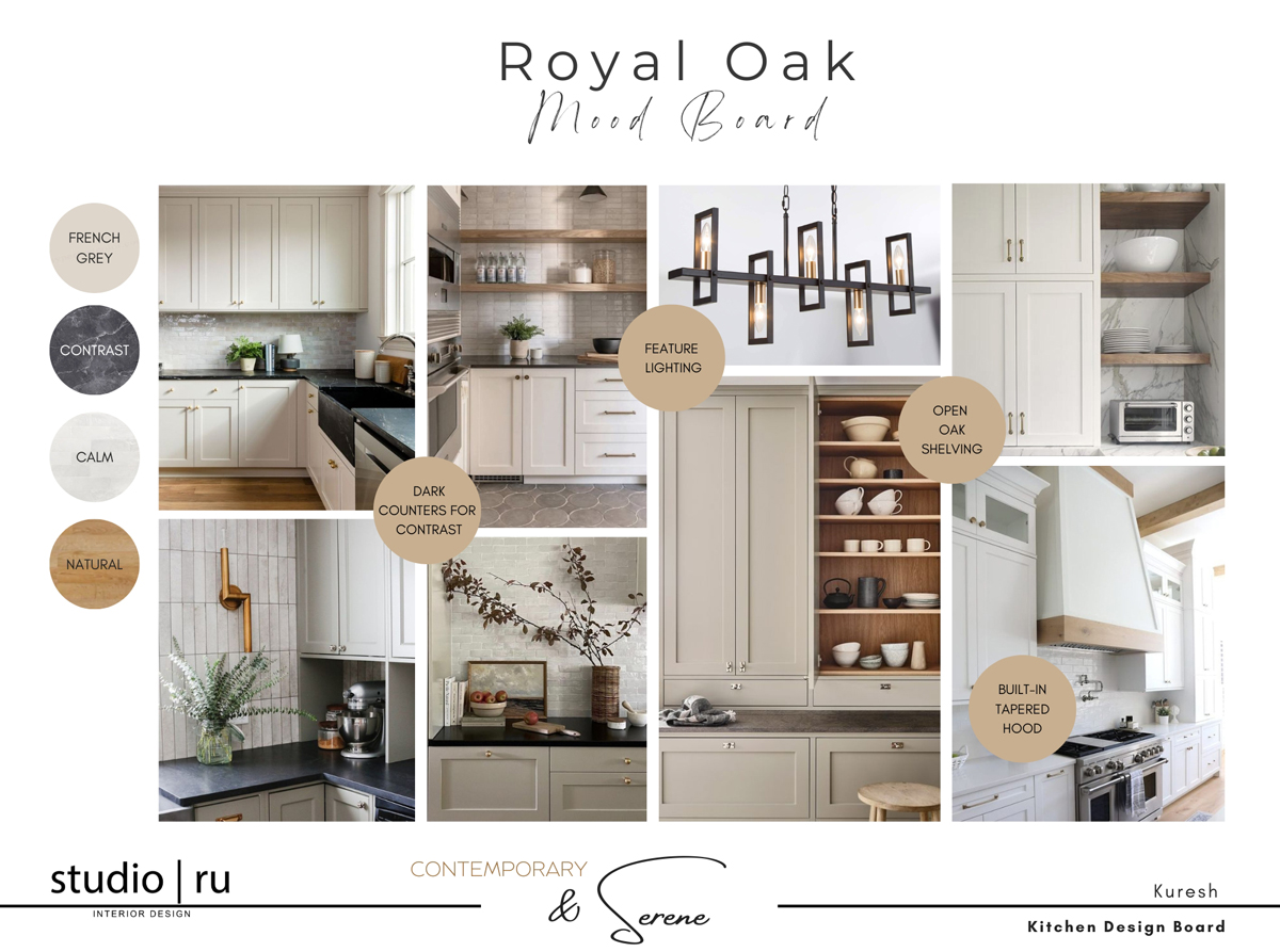 Mood board for a contemporary kitchen design, featuring natural and elegant elements and serene color tones