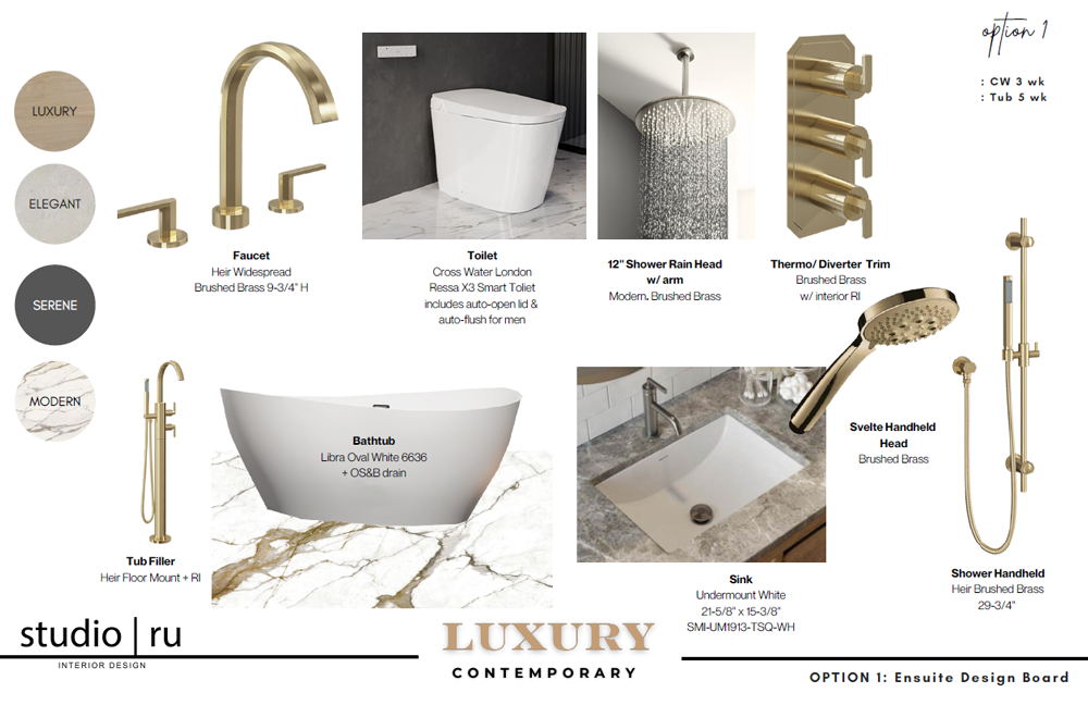 Ensuite renovation design board featuring a freestanding tub, brushed brass faucets and shower fixtures, rain shower, handheld shower, smart toilet, undermount sink and marble-inspired finishes.