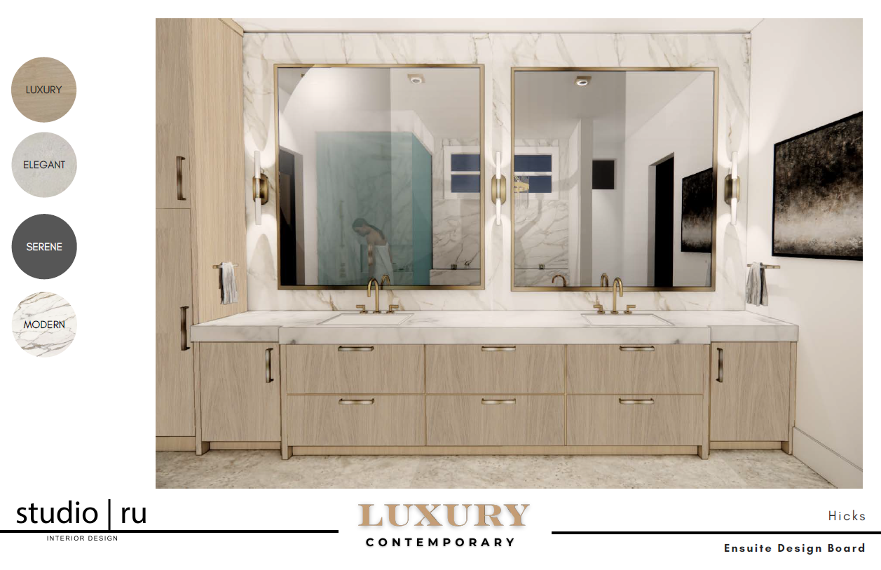 Pre-renovation ensuite design rendering featuring a custom light wood double vanity, marble-look feature wall, brushed brass fixtures, oversized mirrors and integrated storage.
