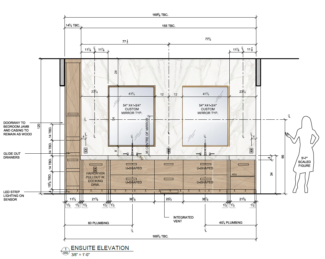 Pre-renovation ensuite elevation drawing showing a custom double vanity, integrated storage, two mirrors, marble-look feature wall, plumbing locations and detailed millwork dimensions.