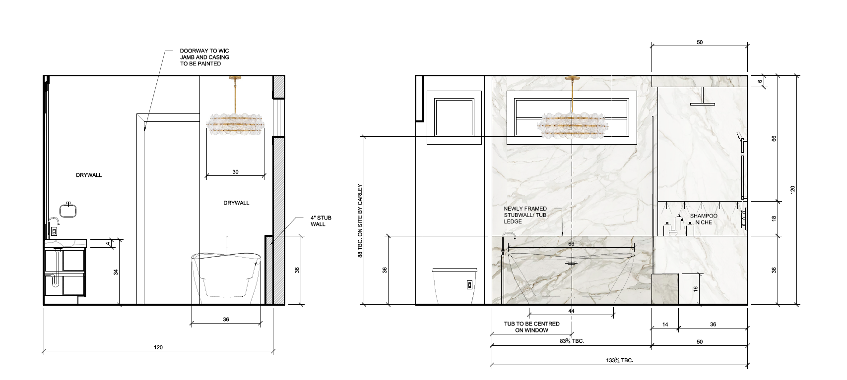Pre-renovation ensuite elevation drawings showing the planned freestanding tub, marble-look feature wall, walk-in shower, built-in bench and niche, statement chandelier and detailed dimensions.