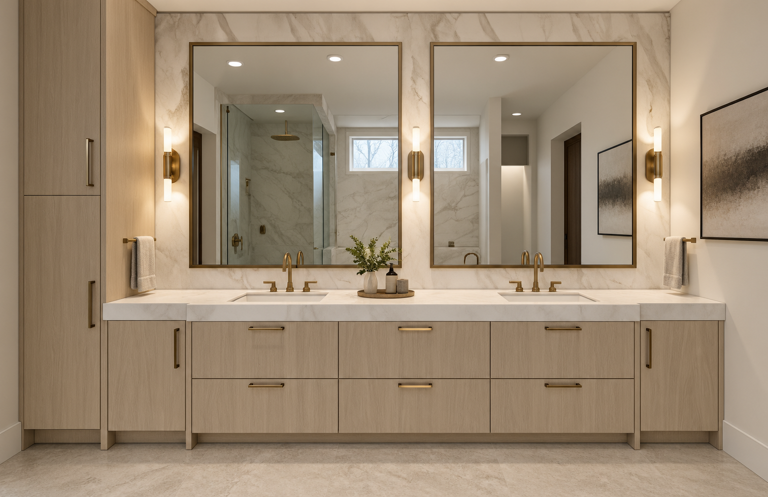 HICKS-ENSUITE PHOTOREALSITIC Pre-renovation ensuite design rendering featuring a custom light wood double vanity, marble-look feature wall, brushed brass fixtures, oversized mirrors and integrated storage.
