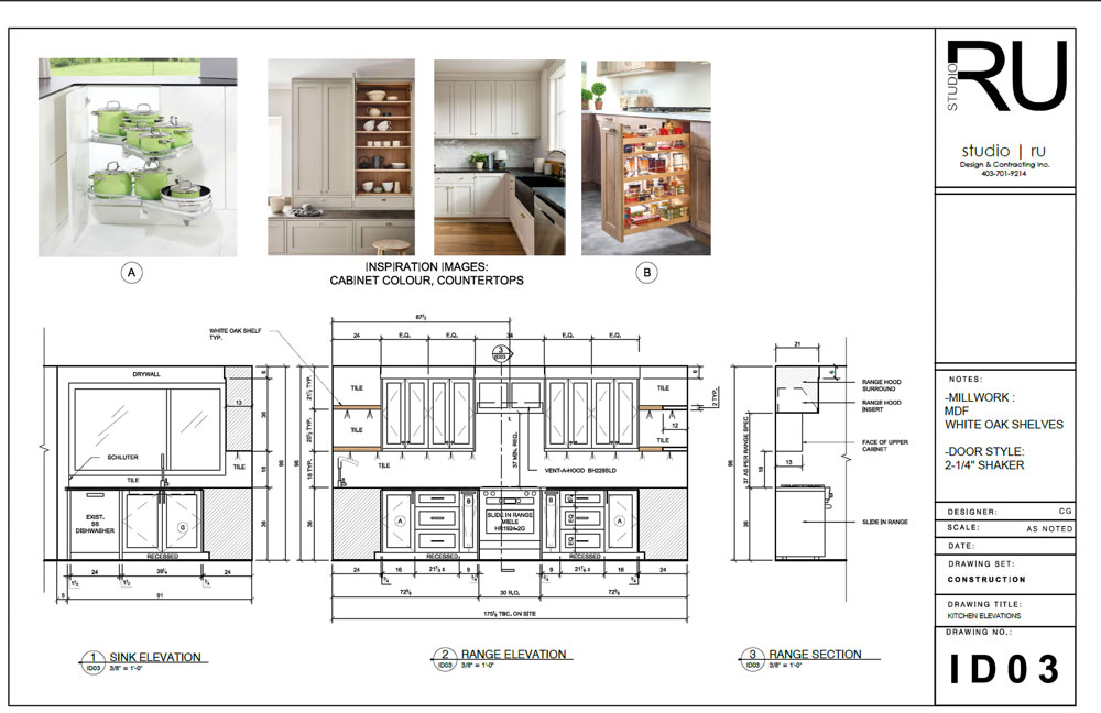 Architectural floor plan showing a proposed kitchen renovation with a large central island, custom cabinetry, appliances, dining area, pantry, laundry room, and adjacent powder room by Studio Ru Interior Design.
